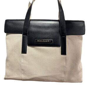 Bulgari Black Leather and Cream Canvas Bag